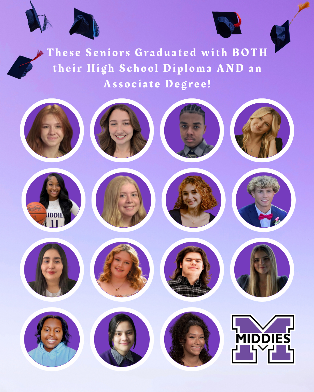 Graphic shows head shots of 15 students with text that reads: "These Seniors Graduated with BOTH their High School Diploma AND an Associate Degree!"
